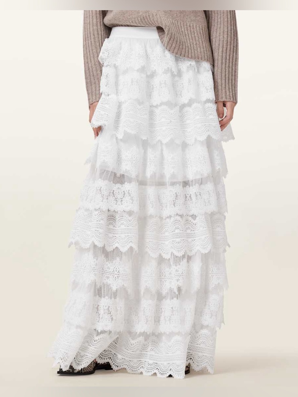 AllSaints Lizi Tiered Lace Maxi Skirt Chalk White Size US 6